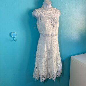 Bardot Size M White Lace Overlay Knee Length Fit Flare High Neck Lined Dress